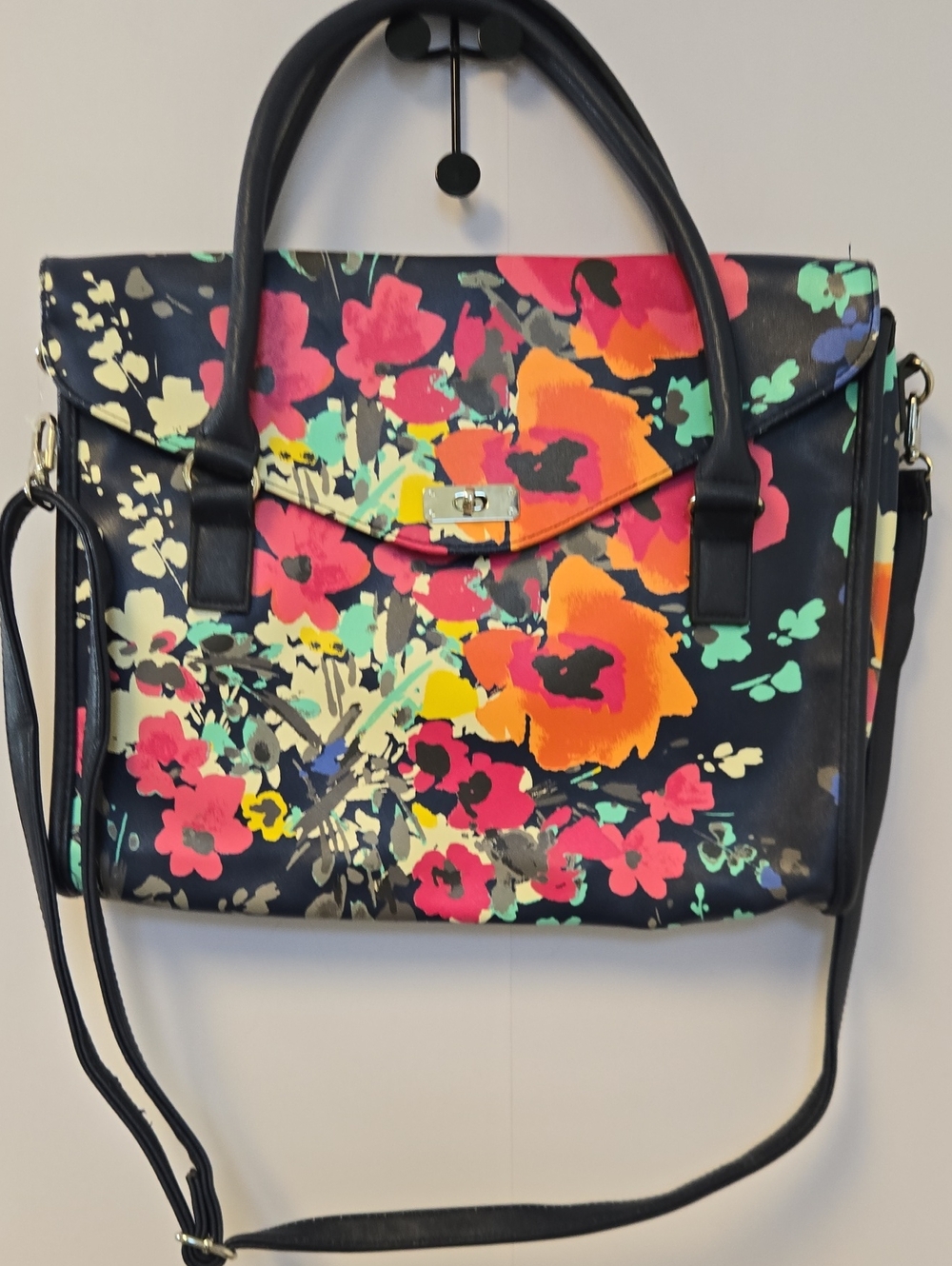 Merona Black Floral Laptop Tote with Multi-Color Print